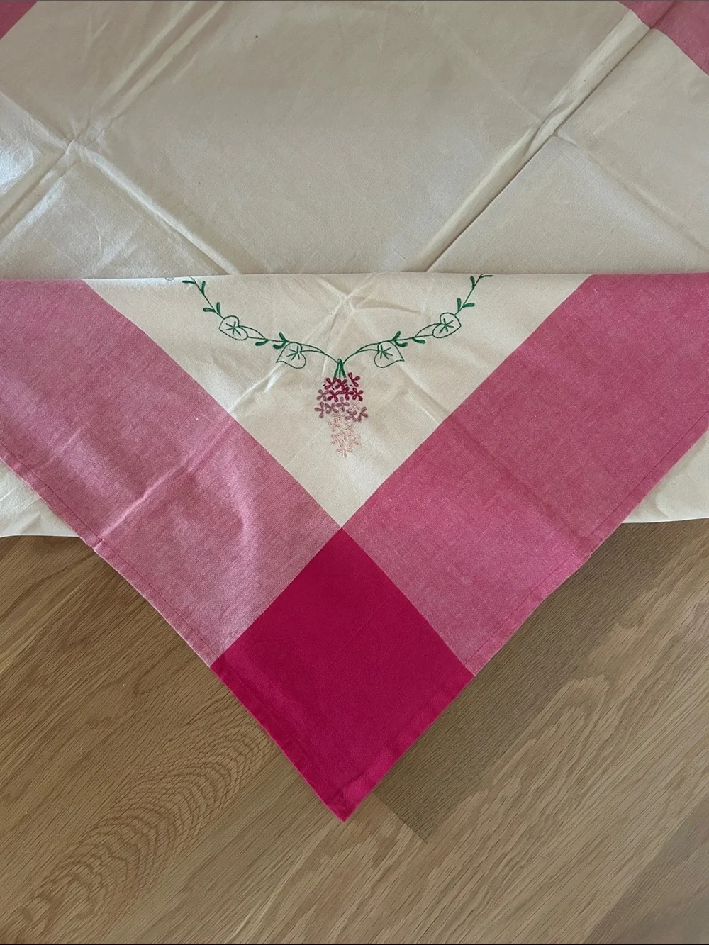 April Cornell Vintage Square Pink/Cream Tablecloth with Embroidered Flowers
